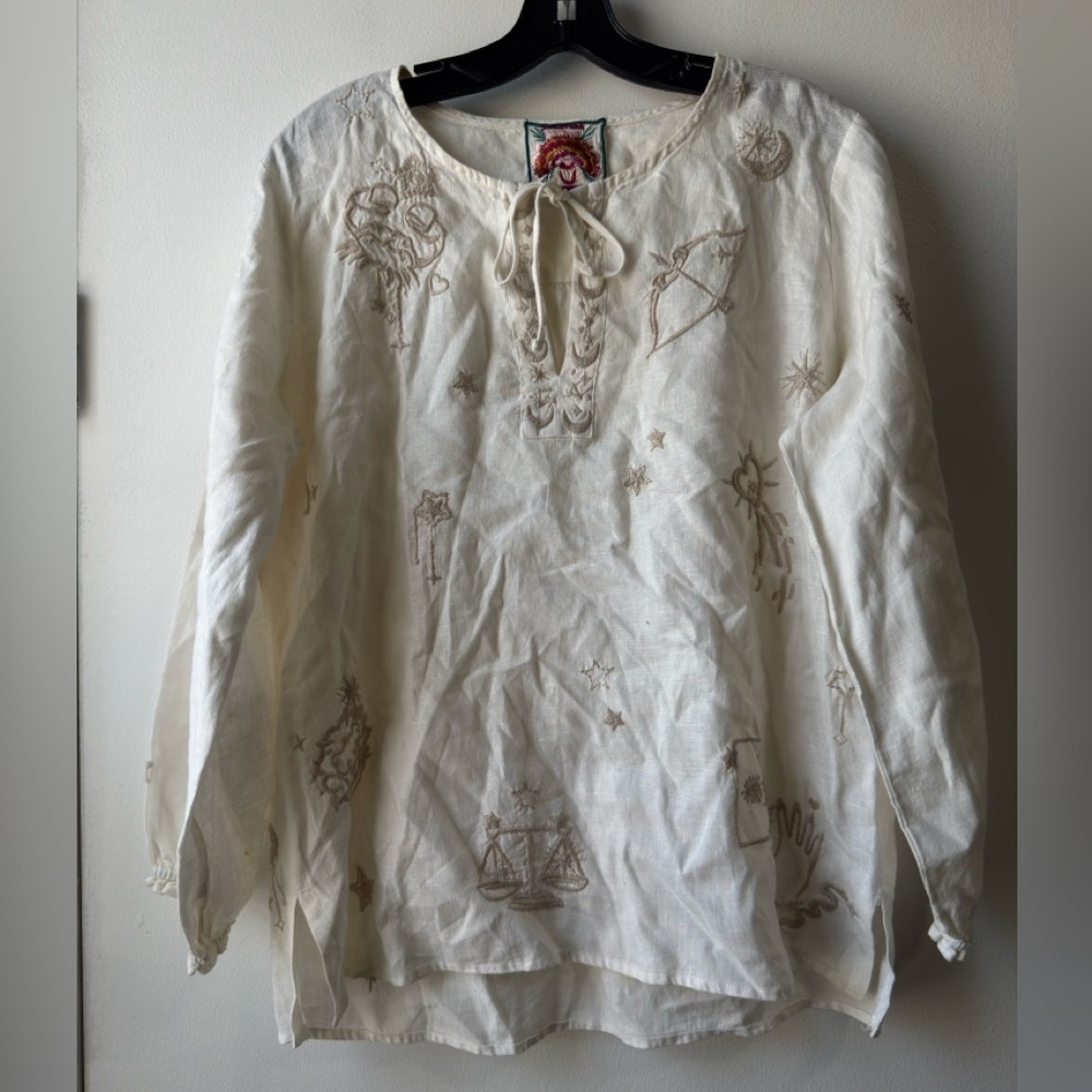 Johnny Was Linen Cream Embroidered Blouse